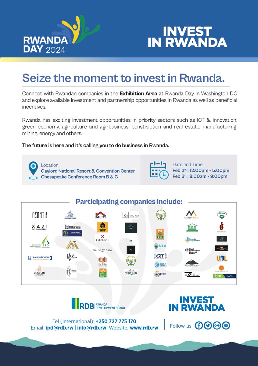 Discover the Rwanda Opportunity at @RwandaDay🇷🇼 Connect with RDB, companies in various sectors, and #MadeInRwanda industries to learn about trade and investment opportunities as well as available incentives and simplified procedures for starting business operations in Rwanda.…