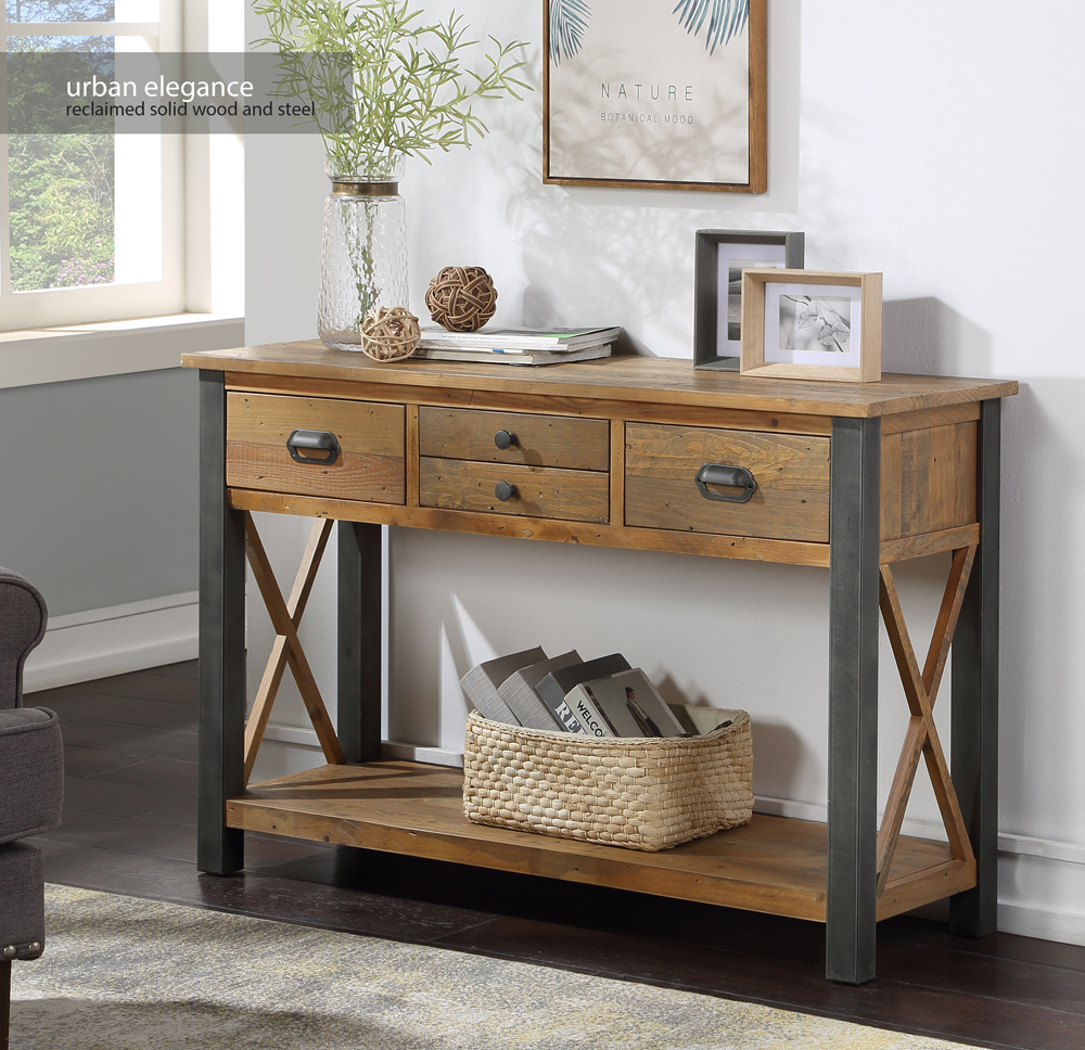 wood_furniture's tweet image. BACK IN STOCK! Make the most of your hallway with the Urban Elegance console table. Narrow enough to sit neatly against a wall, it has plenty of storage with 2 large and 2 small drawers, plus a useful shelf #WoodenFurniture #ConsoleTable #ReclaimedWood wooden-furniture-store.co.uk/urban-elegance…