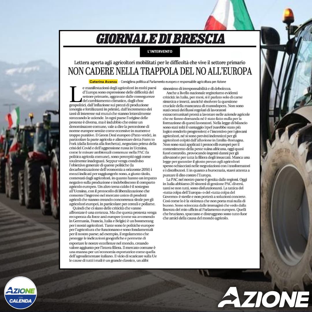 Un appello agli agricoltori perché non cadano nella trappola del « no all’Europa ». L’Europa matrigna è una presa in giro. Il Green deal che tanto viene criticato, al suo interno ha dei testi che vanno indubbiamente rivisti ma altri che sono fondamentali per il mondo agricolo.