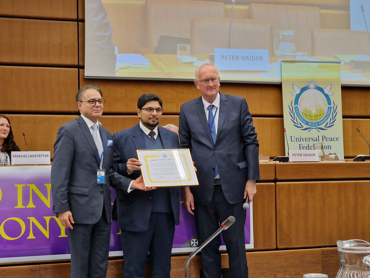 DrHussainQadri's tweet photo. Prof.Dr. Hussain Mohi-ud-Din Qadri, President of Minhaj-ul-Quran International and Deputy Chairman of the Board of Governors at Minhaj University was bestowed with the esteemed "Ambassador For Peace Award" on February 2, 2024 by The Universal Peace Federation at the United Nations Headquarters in Austria.
This recognition highlights his unwavering commitment to fostering peace and harmony, transcending both community and religious spheres to promote coexistence and diversity within the region and worldwide.
The distinguished award was presented by Dr. Peter Haider, President of the Universal Peace Federation Austria, and Dr. Afsar Rathore, a member of the Academic Council on The United Nations System (ACUNS). The ceremony drew the attendance of numerous community leaders, fellow Ambassadors, and esteemed figures from clergy and academia worldwide.
Heartfelt congratulations to Prof. Dr. Hussain Mohi-ud-din Qadri on this well-deserved recognition.
#AmbassadorForPeaceAward #AmbassadorForPeace #ProfDrHussainQadri @ukUPF