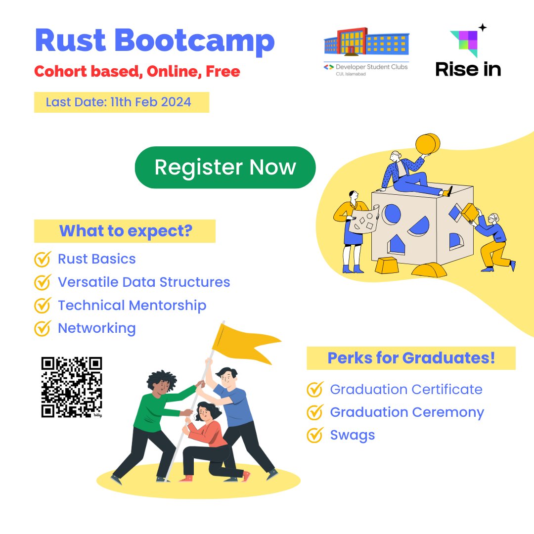 Rust Bootcamp for Smart Contract Developers!

Don't let this chance slip away!
Register now! 👇👇👇
risein.com/bootcamps/rust…

RSVP here:
gdsc.community.dev/events/details…