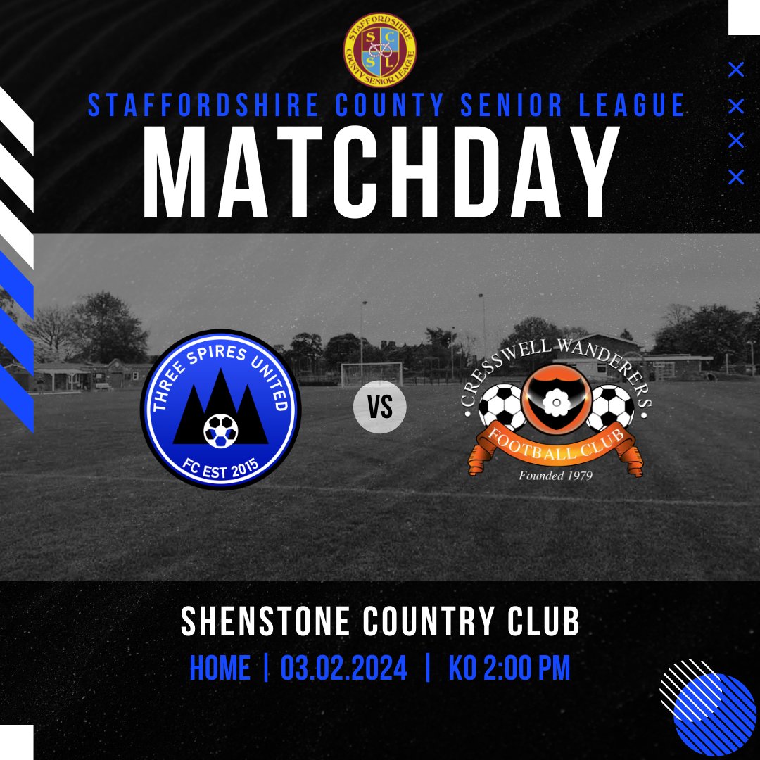 Three Spires United (@threespiresutd) on Twitter photo 🔵⚪️⚽️ MATCHDAY ⚽️⚪️🔵
Today we host tough competition Cresswell Wanderers who are pushing for promotion this year.
🏟️ Home
🆚 Opposition: Cresswell Wanderers
🕒 Kick-off: 2:00pm
<a href="/staffscountysl/">Staffordshire County Senior League</a>
🔵⚽️ UTS ⚽️🔵 🔵⚪️⚽️ MATCHDAY ⚽️⚪️🔵
Today we host tough competition Cresswell Wanderers who are pushing for promotion this year.
🏟️ Home
🆚 Opposition: Cresswell Wanderers
🕒 Kick-off: 2:00pm
<a href="/staffscountysl/">Staffordshire County Senior League</a>
🔵⚽️ UTS ⚽️🔵