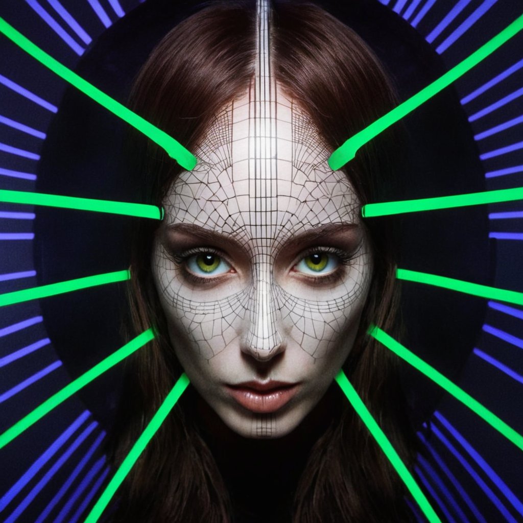 _unrealization's tweet image. I popped the image of a well-known video game AI into an AI image generator and said "an acid techno album cover". Here's what I got. Do you recognize her? ;-)