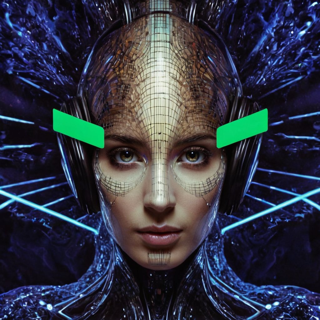 _unrealization's tweet image. I popped the image of a well-known video game AI into an AI image generator and said "an acid techno album cover". Here's what I got. Do you recognize her? ;-)