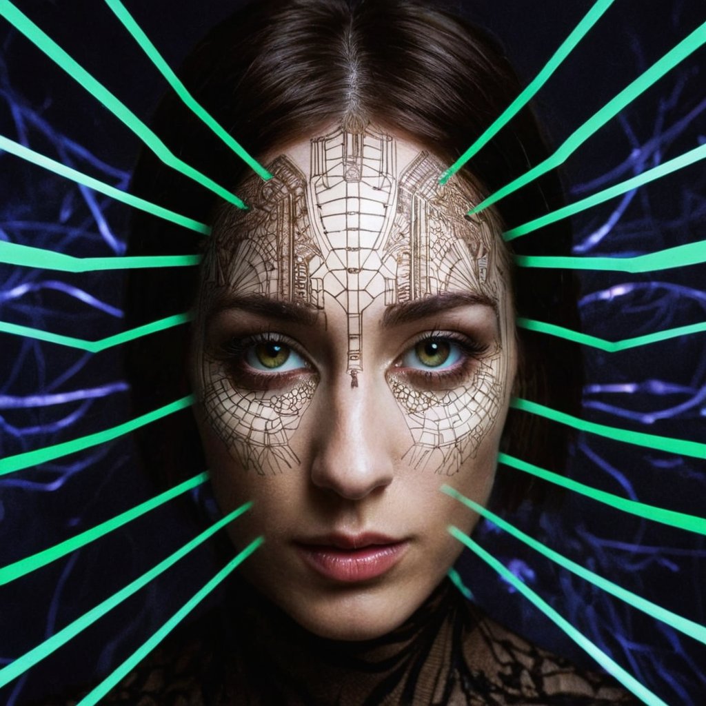 _unrealization's tweet image. I popped the image of a well-known video game AI into an AI image generator and said "an acid techno album cover". Here's what I got. Do you recognize her? ;-)