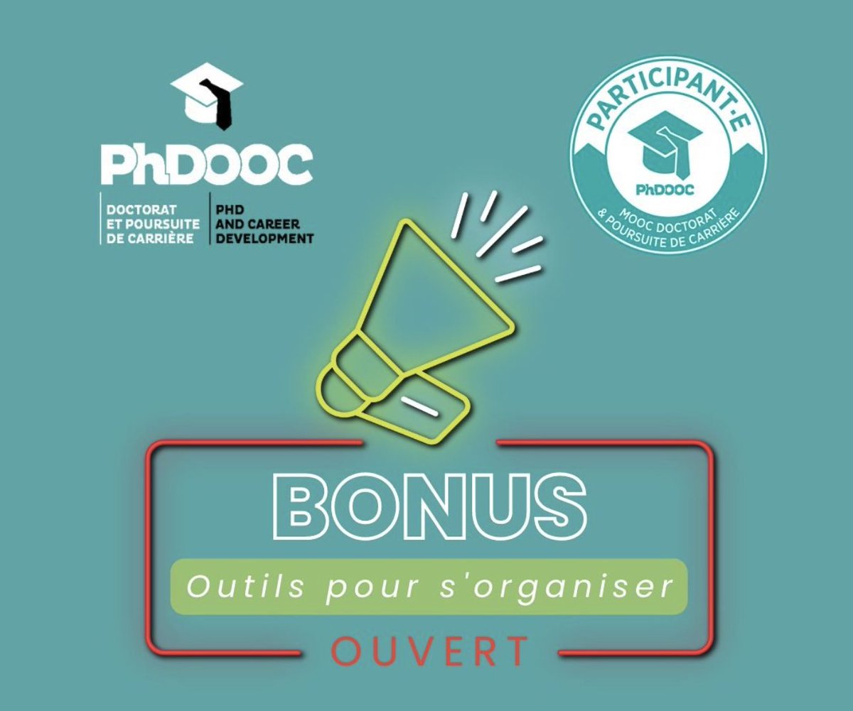 PhDOOC's tweet photo. 🤩 L'équipe PhDOOC a le plaisir de vous annoncer l’ouverture
✅ du granule Bonus de l’unité 3 :
"Outils pour s’organiser" #bonus #ouvert #phdooc #mooc #phd #doctorat #carrière #emploi #plandecarrière #projetprofessionnel https://t.co/HXRo06YM4L