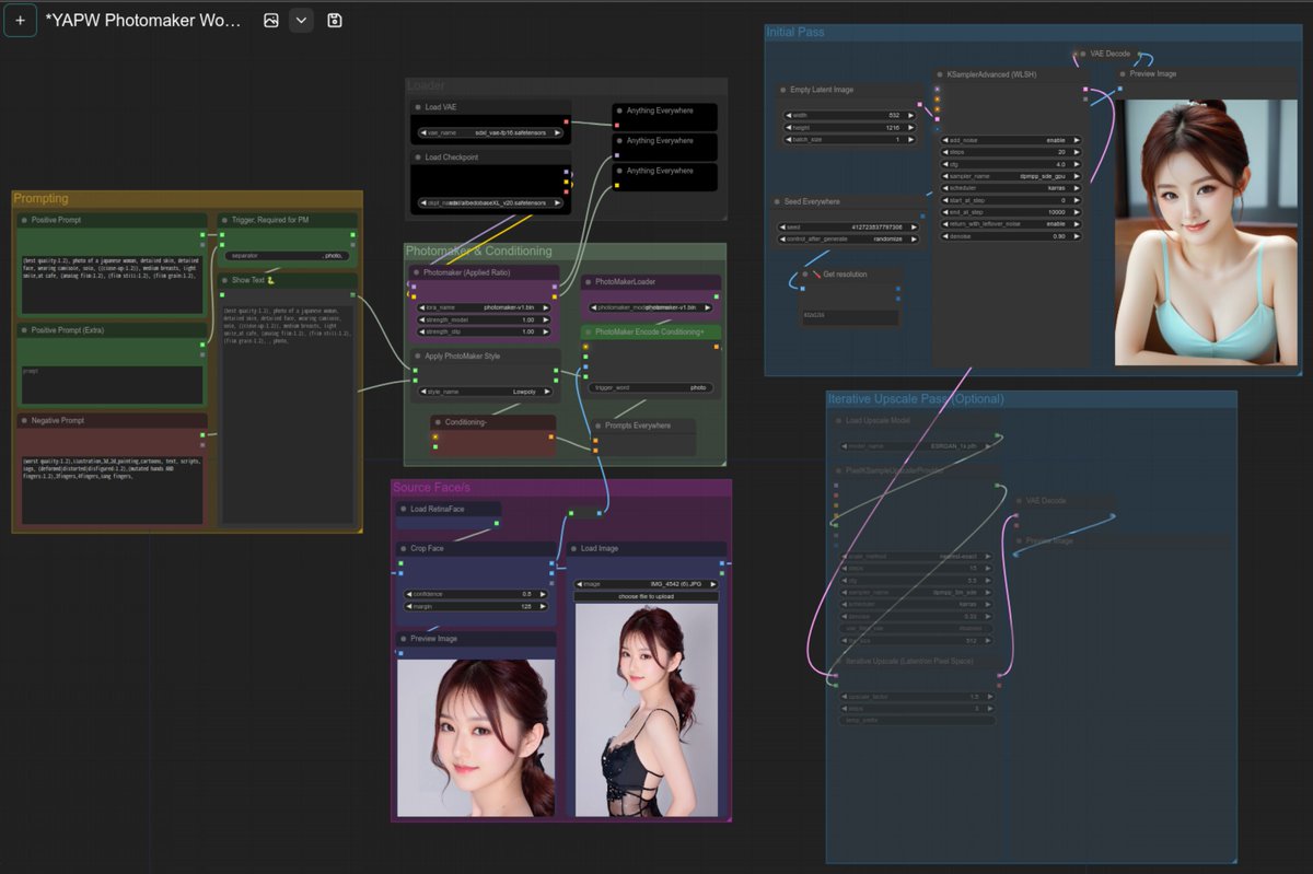 PhotogenicWeekE's tweet photo. #PhotoMaker の新しい #Workflow 出てます!少し使いやすくなったかな!? #InstantID は癖あるので、どっちもどっち的な…。右下はUpscaleで未使用。Empty Latent ImageとGet resolutionはこっちで改造(^^;
#ComfyUI
#AI美女 #SDXL
https://t.co/C3AeBIunS2 https://t.co/j6XjBpfYtY