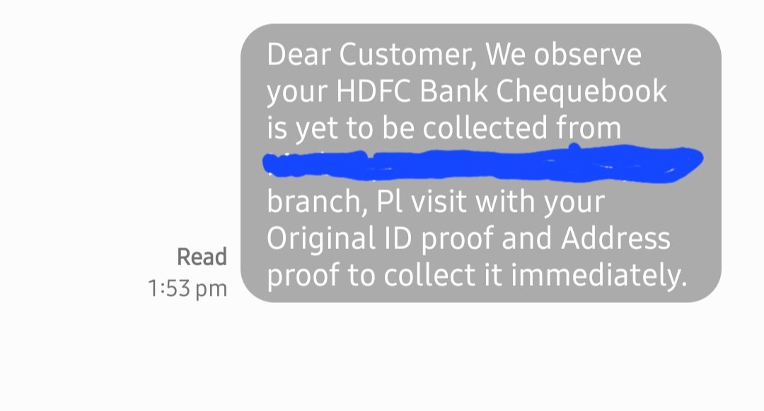 hetash05's tweet photo. This experience is highly disappointing, it undermines my trust in HDFC. I am not allowed to collect my chequebook from my own branch despite the message which clearly states collect from the branch @HDFC_Bank @HDFCBank_Cares https://t.co/q2mM0FQ9np