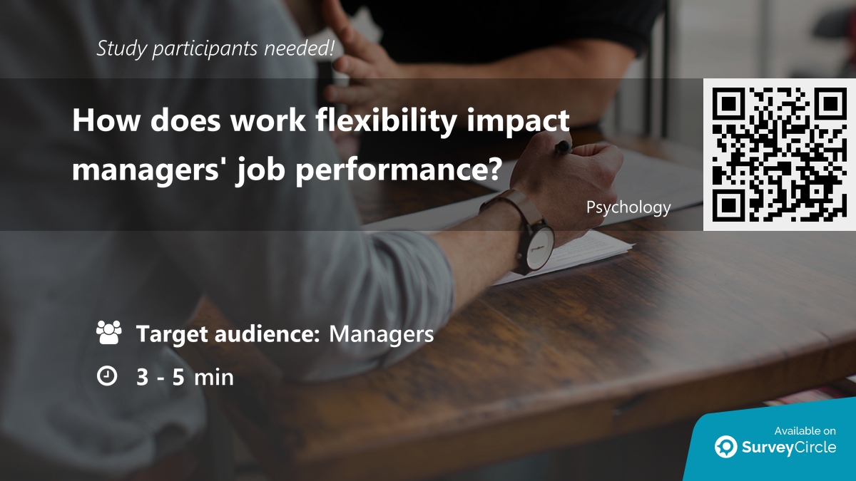 daily_research's tweet image. Participants needed for online survey!

Topic: "How does work flexibility impact managers' job performance?" surveycircle.com/L6X5L7/ via @SurveyCircle #derbyuni

#WorkFlexibility #JobPerformance #ManagersPerformance #FlexibleSchedule