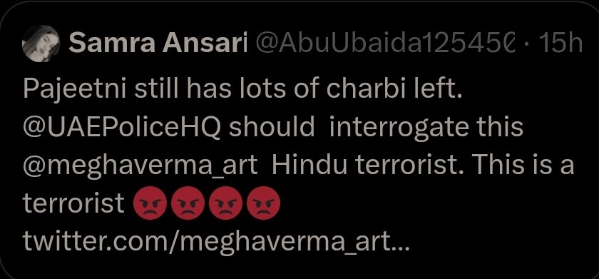 @AbuUbaida125450 @UAEPoliceHQ @meghaverma_art Green locust have deleted it's tweet but her hatred for fellow human beings are still intact.