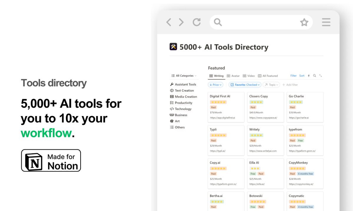 18-year-olds are making $10k a month using ChatGPT.

So I created a top 5000+ AI tools directory for you.

And for the next 48 hours, it’s FREE!

To get it, simply:

• Like &amp; RT
• Reply "AI"
• Follow (I will DM you)