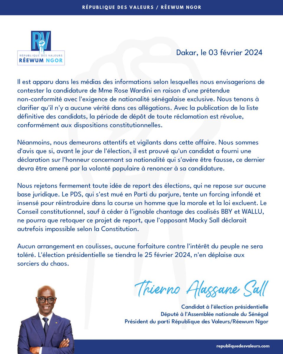 Communiqué de presse

Il est apparu dans les médias des informations selon lesquelles nous envisagerions de contester la candidature de Mme Rose Wardini en raison d'une prétendue non-conformité avec l'exigence de nationalité sénégalaise exclusive. Nous tenons à clarifier qu'il