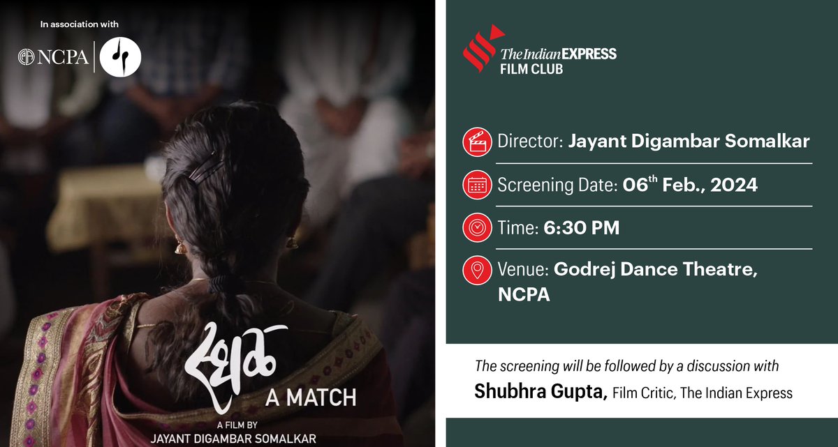 ExpressFilmClub's tweet photo. Join us for The Indian Express Film Club screening &amp; discussion on ‘Sthal' with Film Critic, @shubhragupta  from @IndianExpress  
Date: 6th February'24 
Venue: Godrej Dance Theatre, NCPA, Mumbai
Time: 6:30 PM
Register: https://t.co/7NMtvDiG4H https://t.co/m2j9d24rUe
