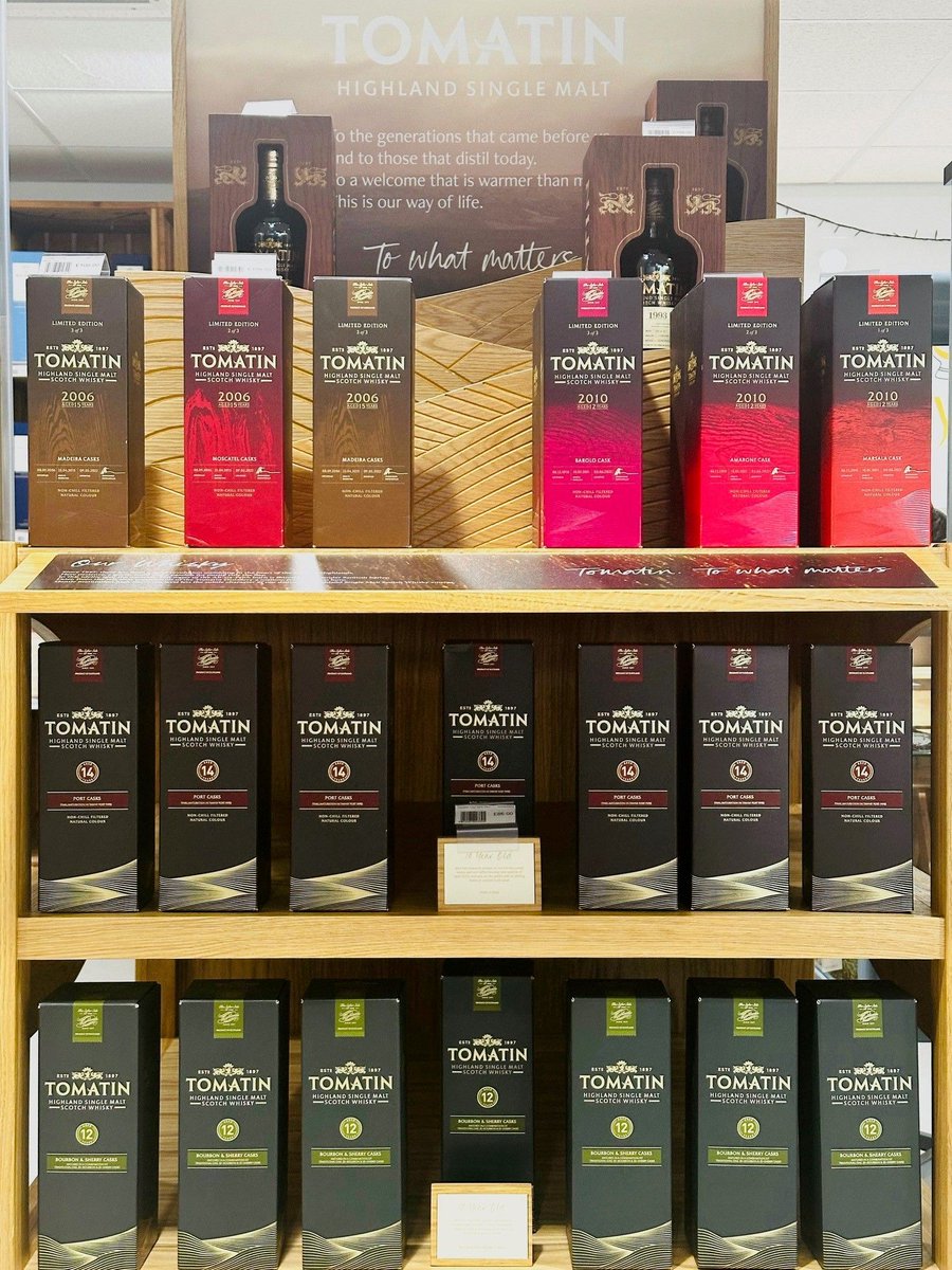 TheWhiskyCellar's tweet photo. Take a sneak peak at the range of Tomatin whiskies available in store. #whisky #scotch #singlemalt #NC500 #Scotland #inverness #Airport #drinks #scotchwhisky #dram #distillery #singlemaltwhisky #malt #whiskylover #whiskylife #scotlandisnow #VentureNorth #visitscotland https://t.co/cqsOIG9db0