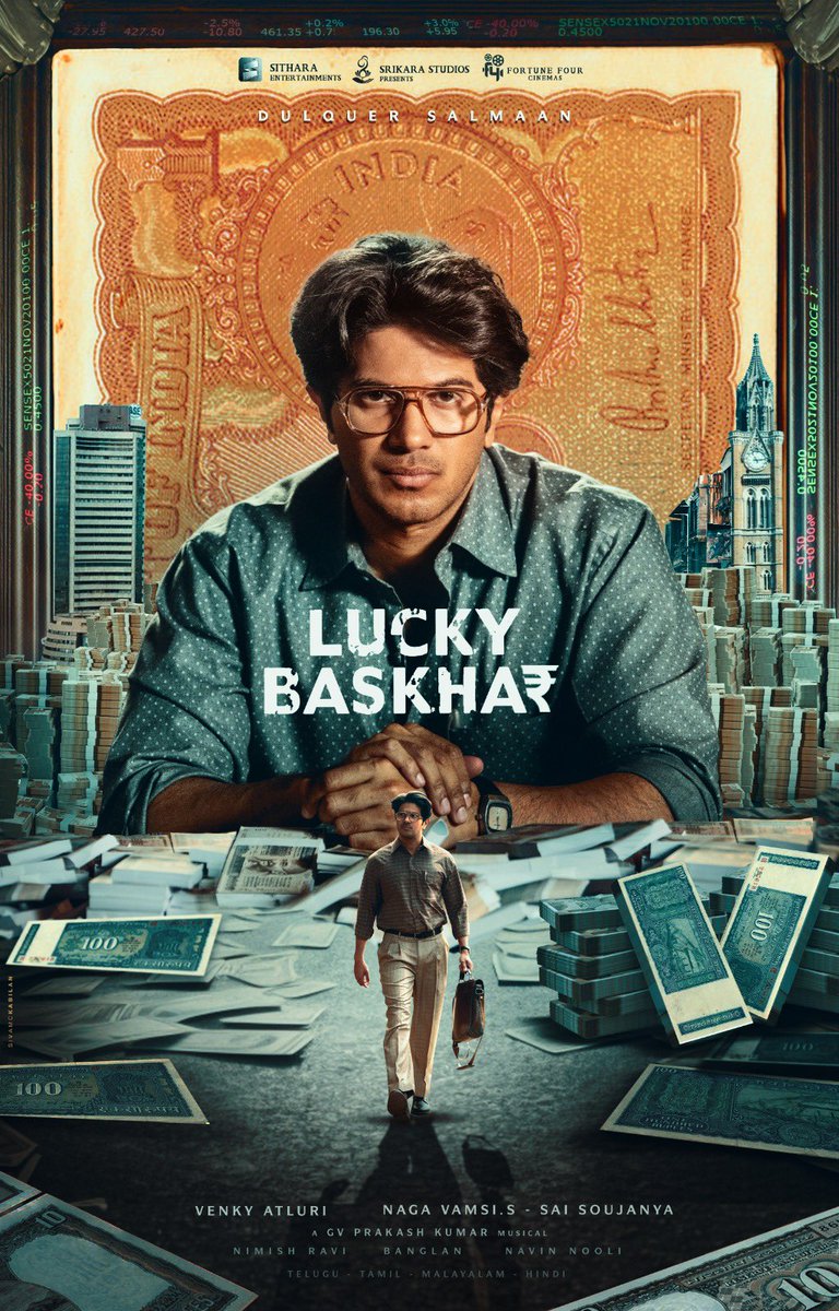 DULQUER SALMAAN - VENKY ATLURI COLLABORATE FOR ‘LUCKY BASKHAR’… WILL RELEASE IN 4 LANGUAGES… To celebrate #DulquerSalmaan’s 12-year journey in cinema, director #VenkyAtluri and producers Naga Vamsi S and Sai Soujanya unveil the #FirstLook poster of #LuckyBaskhar.

Set in 1980s…