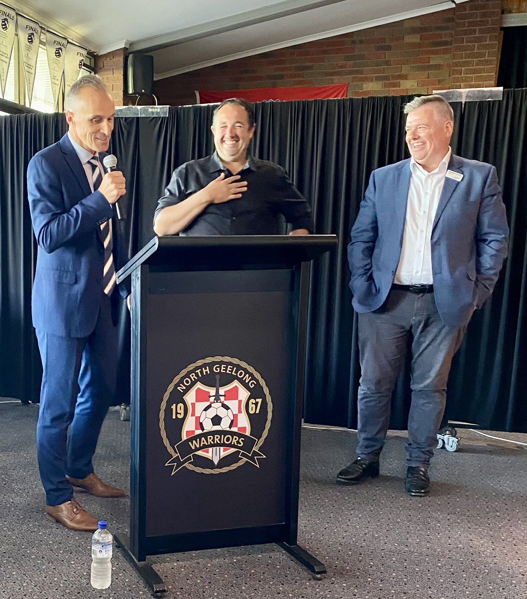 CrAnthonyAitken's tweet image. It was smiles &amp;amp; croatian shots for Cr Eddy Kontelj &amp;amp; I as we had the pleasure of announcing that North Geelong Warriors FC were successful with their recent Lighting application with a $255k capital grant from the City of Greater Geelong. #TheBeautufulGame #TheWorldGame