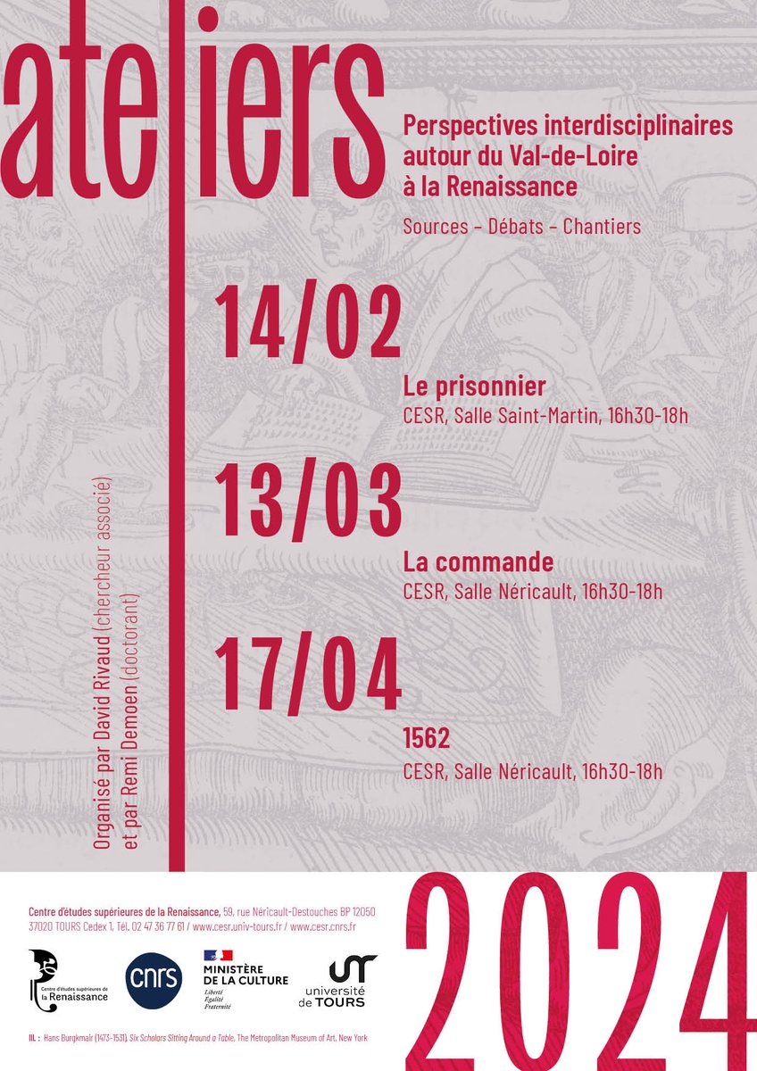 [ATELIERS recherches] Perspectives interdisciplinaires autour du Val-de-Loire à la Renaissance <a href="/CESR_Tours/">Centre d'études supérieures de la Renaissance</a> . Programme des séances du semestre :