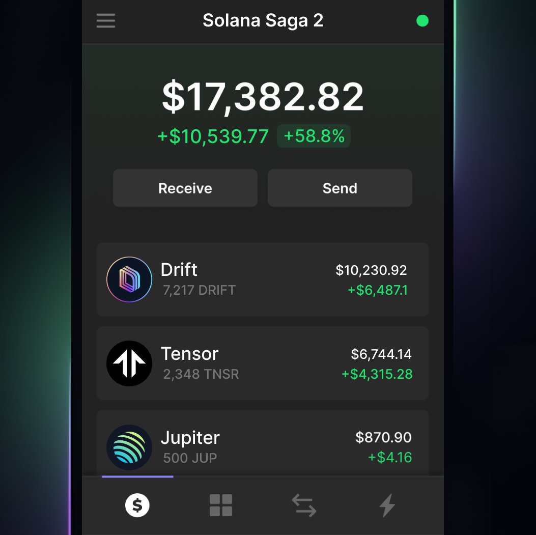 Pre-order Solana Saga 2 → Get 8+ confirmed airdrops Including: $JUP,  $DRIFT, $TNSR, and more Owners of the first Solana Saga secured huge  airdrops in the past. The first snapshot will be