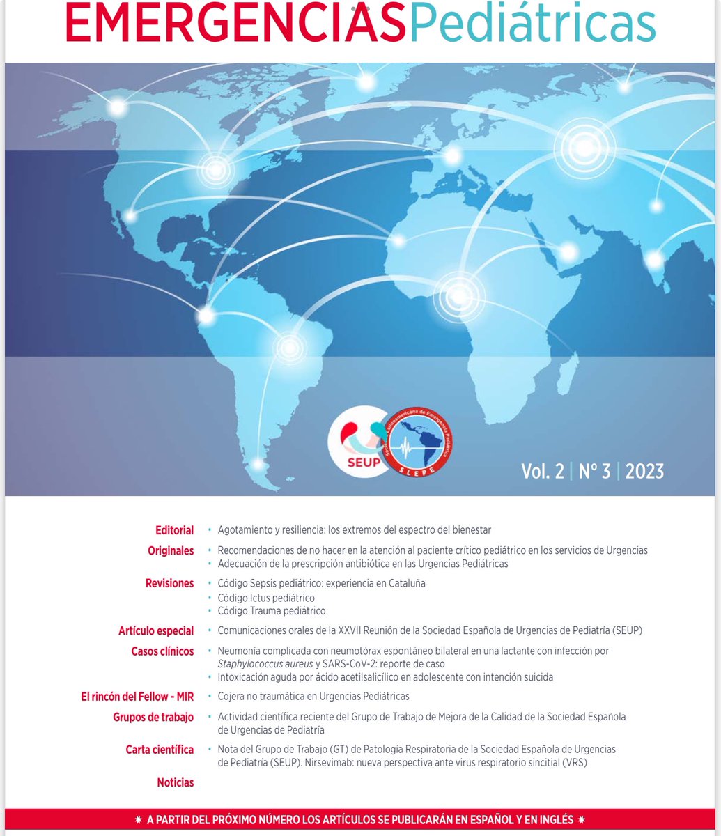 Ya en las web de SLEPE ,SEUP y AEP el ultimo numero de EMERGENCIAS PEDIATRICAS con articulos muy interesantes….y a partir del proximo numero todos los articulos en español e ingles para mayor difusion y visibilidad.Seguimos avanzando!