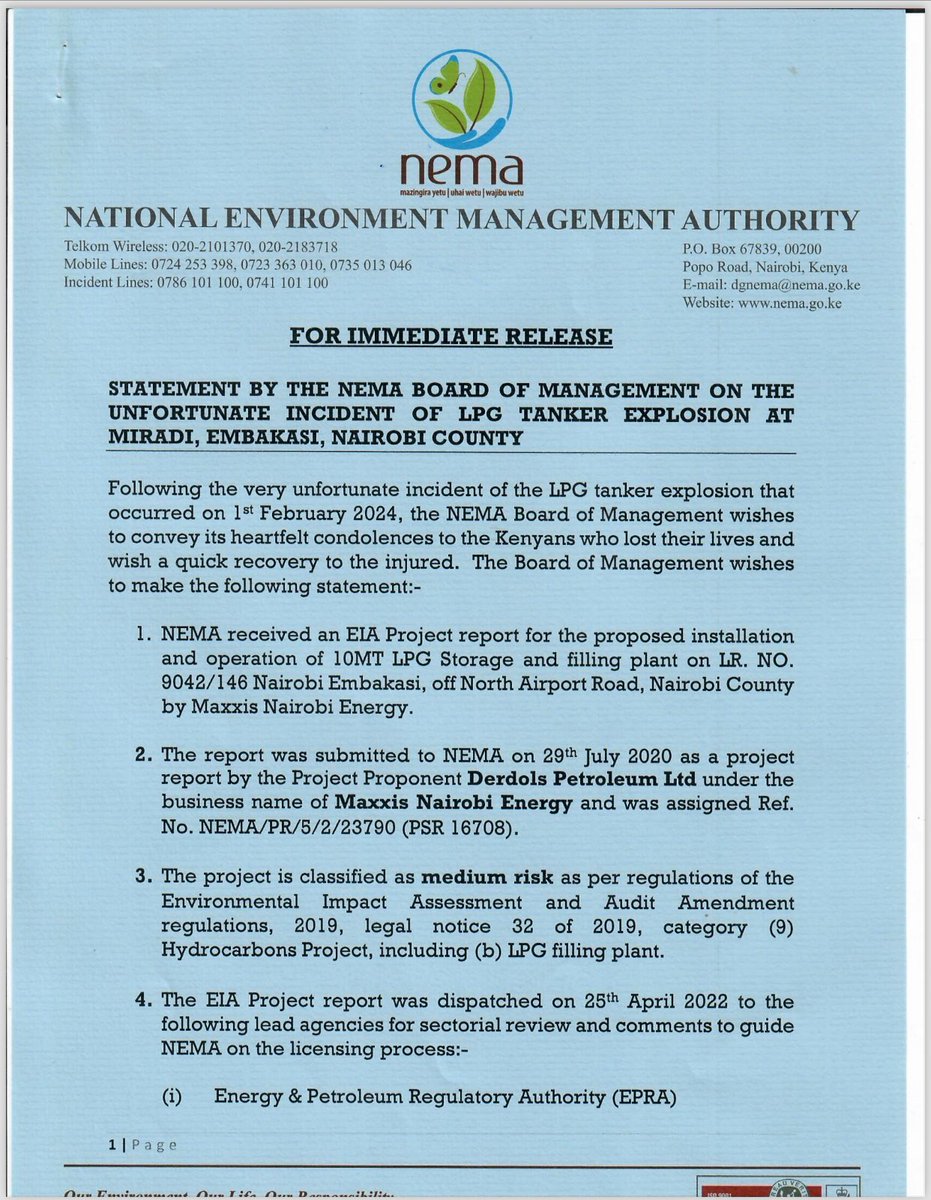 Ali_Manzu's tweet photo. @NemaKenya boss Emilio Mugo asks four officers who "unprocedurally" licensed the ill-fated Embakasi gas plant to step aside, allow for investigations. #EmbakasiExplosion #EmbakasiFire
https://t.co/frR3oAcoAf https://t.co/oMsm5l7cHm