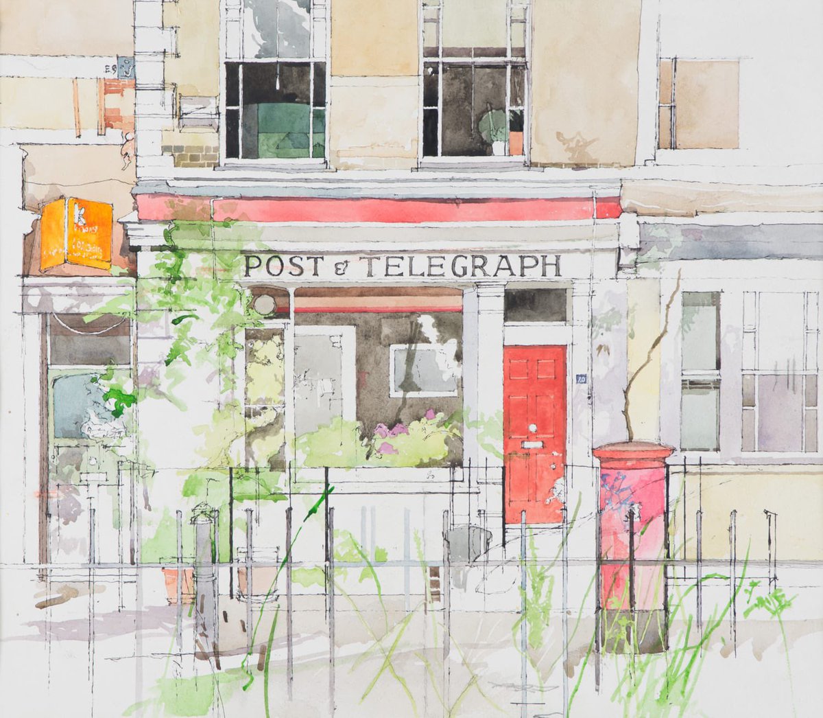 ‘Post and Telegraph, Victoria Park, Hackney’, 2015, watercolour on paper, 43 x 49.5cm #eastlondon #hackney #Londonart #londonpainting #londonarchitecture #architecturepainting #fineartist #fineartpainting