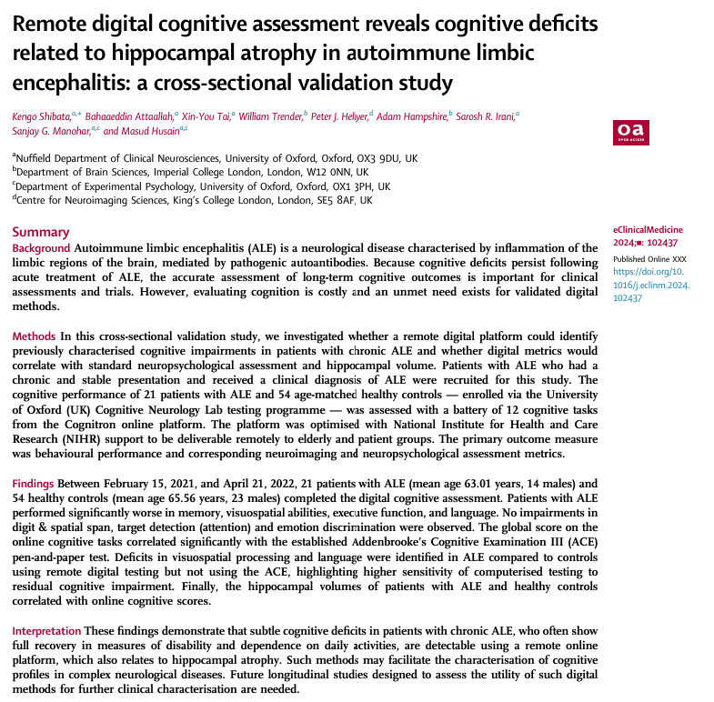 Nice to see this one out. Great work by Kengo validating remote digital cognitive testing of some aspects of hippocampal function in patients with hippocampal atrophy. With @MasudHusain @BrainInTheMind @XinYouTai @Mayo_AING Link to the article: sciencedirect.com/science/articl…