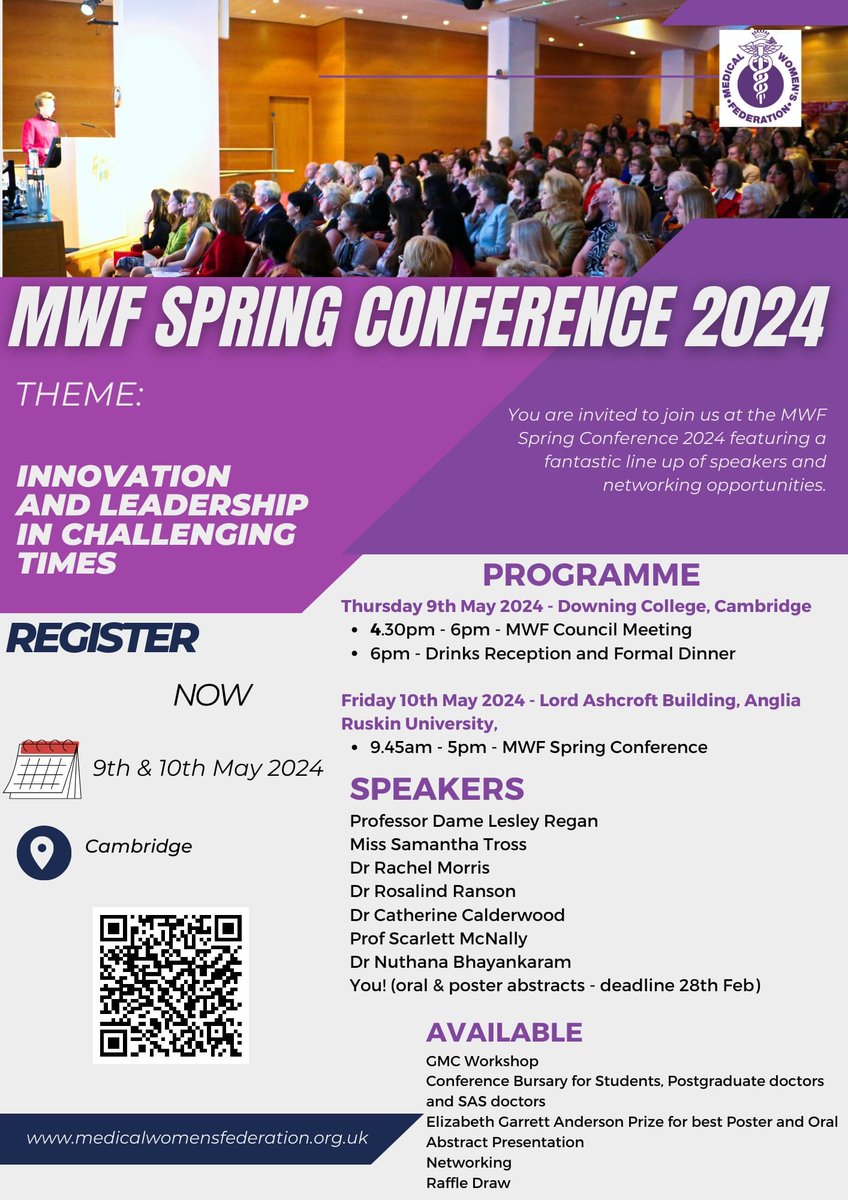 Hello. Please join us. Book for the Medical Women's Federation national conference, Fri 10th May, Cambridge. Submit oral/poster abstracts by end Feb. medicalwomensfederation.org.uk All welcome! @medicalwomenuk Please share!