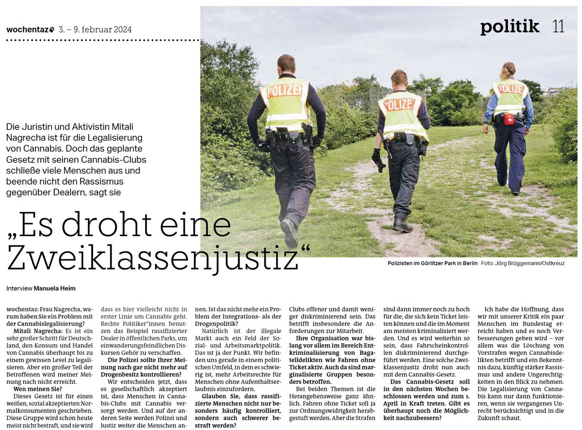 Wir haben mit <a href="/tazgezwitscher/">taz</a> über das #CanG gesprochen.

Cannabis wird legalisiert – ein wichtiger Schritt. Doch die übermäßige Kriminalisierung rassifizierter Gruppen wird nicht beendet, im Gegenteil. Wir erklären, warum.

Danke, <a href="/heim_taz/">manuela heim</a>! Ohne Paywall:
taz.de/Archiv-Suche/!…