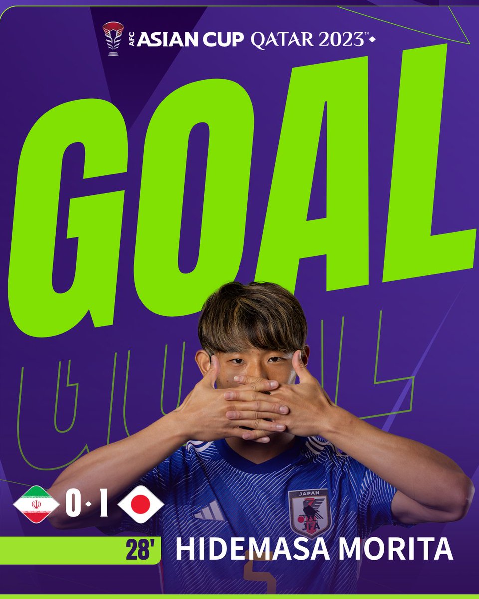 afcasiancup's tweet photo. ⚽  𝐆𝐎𝐀𝐋 | 🇮🇷 IR Iran 0️⃣-1️⃣ Japan 🇯🇵

Hidemasa Morita sneaks past 4 defenders to give Japan the lead!

Watch Live 📺 https://t.co/Wvc1BBMMBe

#AsianCup2023 | #HayyaAsia | #IRNvJPN https://t.co/YNcrVyFYVy
