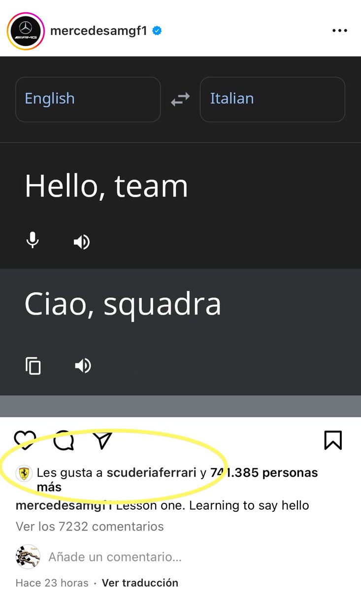 todoformula1's tweet photo. Los de @MercedesAMGF1 han publicado esto en Instagram… y @ScuderiaFerrari le ha dado like… Y todavía que un año por delante, va a ser divertido 🤣 https://t.co/Q3wCzOJdrH