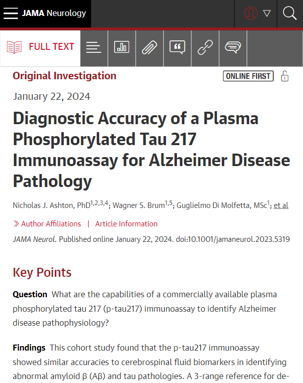 JAMANeuro's tweet photo. A commercially available plasma p-tau217 immunoassay accurately identified biological AD, comparable with results using CSF biomarkers, with reproducible cut-offs across cohorts. It detected longitudinal changes, including at the preclinical stage.

 https://t.co/EXJDvPc9bU https://t.co/OAJdNp0znC