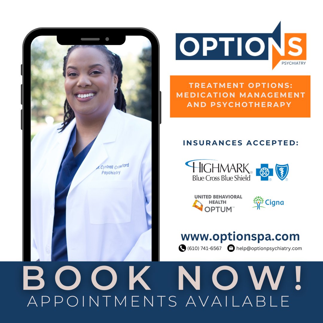 DrCyntrellPsych's tweet photo. Book now with Options at https://t.co/ZAL0G6vJzp for personalized counseling, fostering holistic well-being. Take a positive step towards a healthier, happier you. 

#Options #OptionsPA #MentalHealth #Wellness #Lifestyle #OptionsPsychiatry #Psychiatry #DrCyntrell #DrCyntrellPsych https://t.co/3YKF2bK9HY