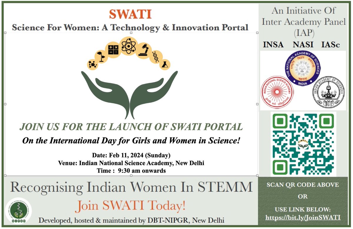 IAP WISTEMM (@wisiap_india) on Twitter photo We invite everyone to join us for the launch of the #SWATI portal on 11 Feb. Livestreaming: youtube.com/@INSASince1935 #womeninscience <a href="/insa_academy/">Indian National Science Academy (INSA)</a> <a href="/NIPGRsocial/">BRIC-NIPGR</a> <a href="/DBTIndia/">Department of Biotechnology</a> <a href="/PrinSciAdvGoI/">Principal Scientific Adviser, Govt. of India</a> <a href="/IndiaDST/">DSTIndia</a> <a href="/serbonline/">SERB</a> We invite everyone to join us for the launch of the #SWATI portal on 11 Feb. Livestreaming: youtube.com/@INSASince1935 #womeninscience <a href="/insa_academy/">Indian National Science Academy (INSA)</a> <a href="/NIPGRsocial/">BRIC-NIPGR</a> <a href="/DBTIndia/">Department of Biotechnology</a> <a href="/PrinSciAdvGoI/">Principal Scientific Adviser, Govt. of India</a> <a href="/IndiaDST/">DSTIndia</a> <a href="/serbonline/">SERB</a>