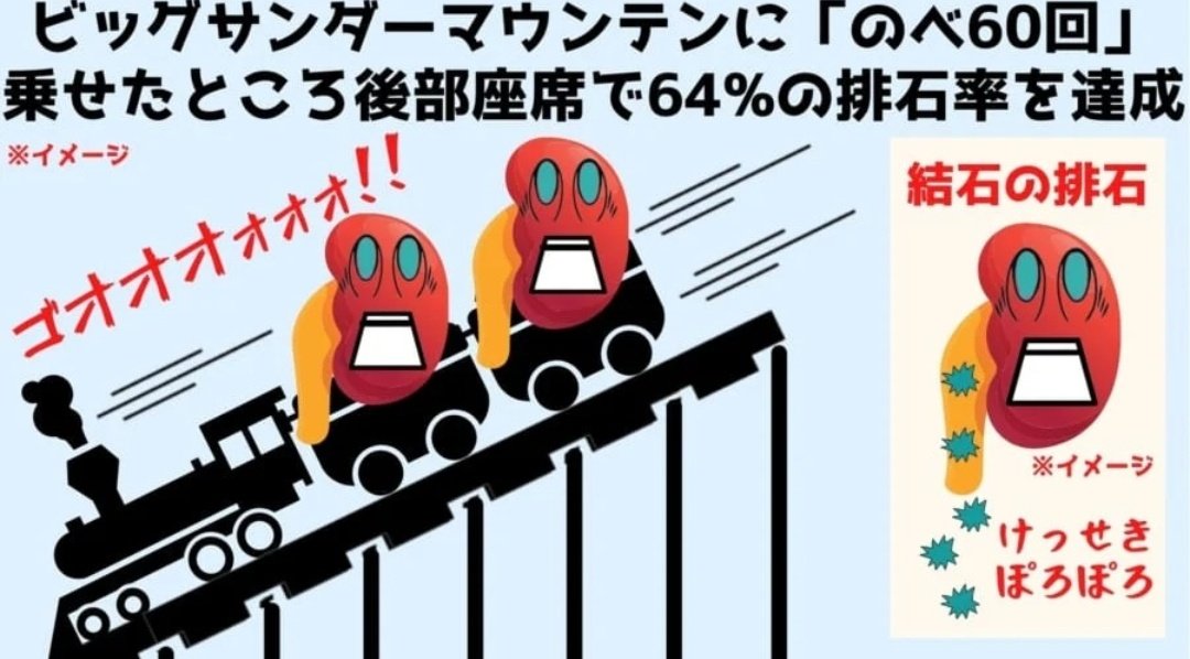 tyomateee's tweet photo. ビッグサンダーマウンテンに腎臓結石を排出させる効果があるという話、特に後部座席でその効果が高く、60回の乗車で約64%排石したという、これは初めて知った… https://t.co/XrBpVmEU6k