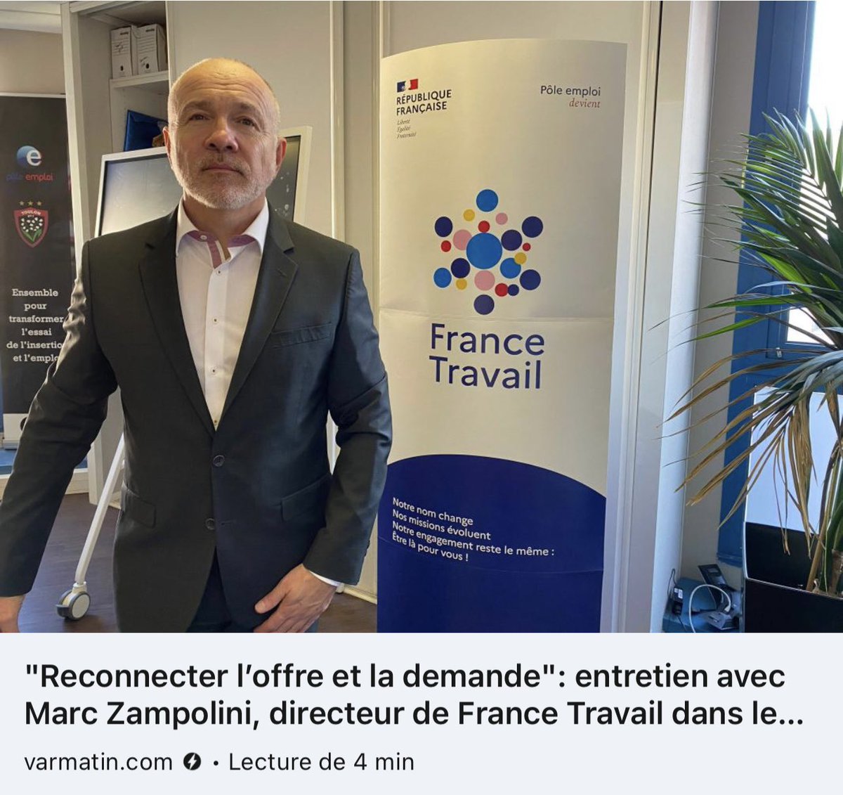 Ce matin dans Var Matin :
Rencontre avec Marc Zampolini le directeur de France Travail dans le Var, désormais au cœur d’une politique destinée à résorber les tensions de recrutement, dans le cadre de la Loi pour le plein-emploi.
👉 varmatin.com/amp/emploi/fra…