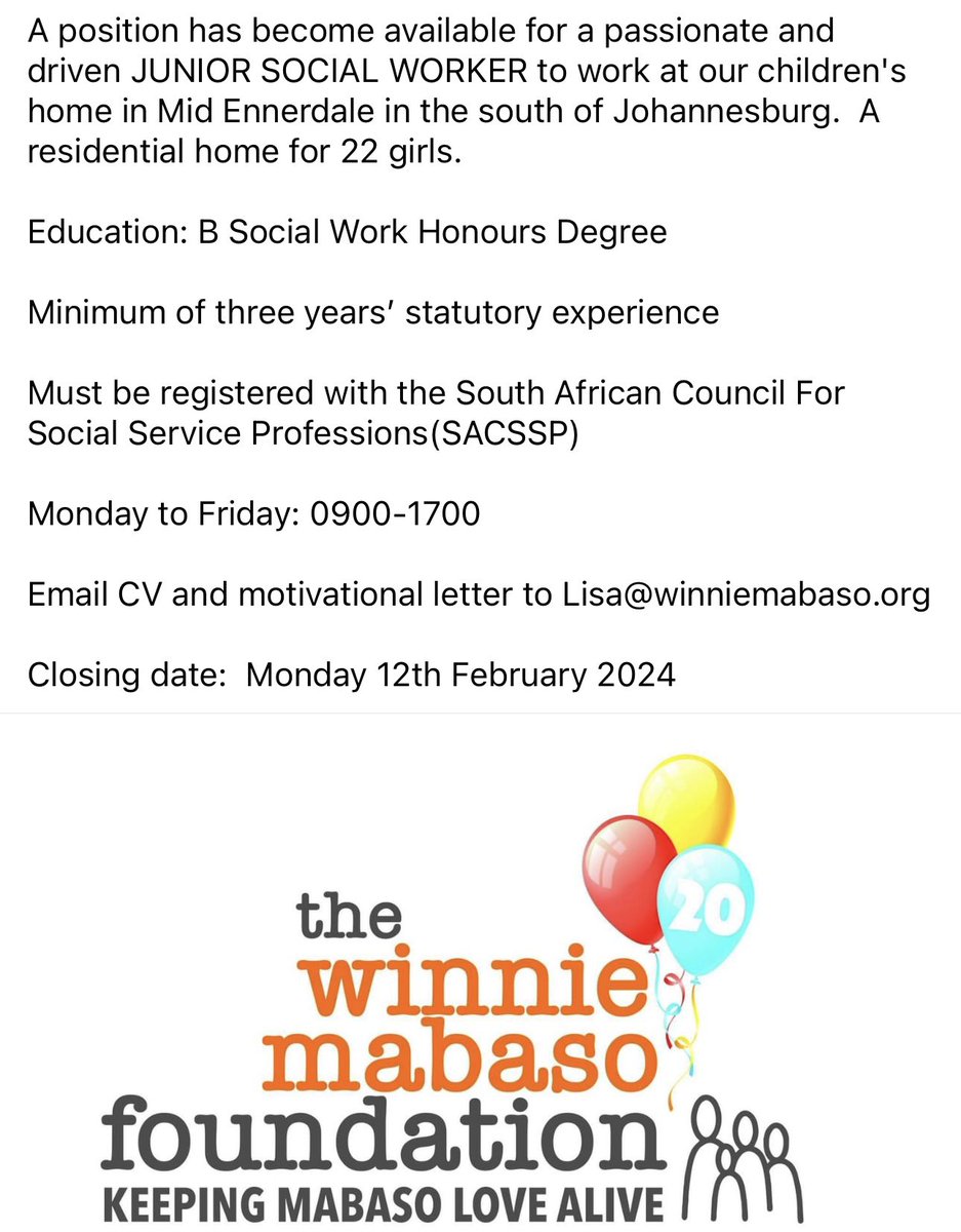 We are looking for a dynamic junior social worker to join our team <a href="/soso_spayi/">Soso Spayidile</a> <a href="/SACSSP1/">SACSSP</a> <a href="/sangonet/">Sangonet</a> #MabasoLove 💙🇿🇦