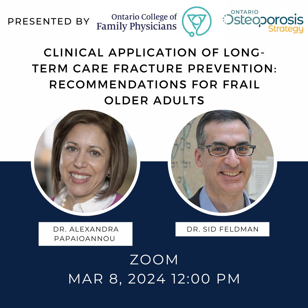 Presented by @OntarioCollege and @OsteoStrategyON, this webinar focuses on the Fracture Risk Scale & evidence-based recommendations for #fracture prevention in #LongTermCare. There is no cost to attend & it is accredited for 1 Mainpro+ credit. Sign up: us02web.zoom.us/webinar/regist…