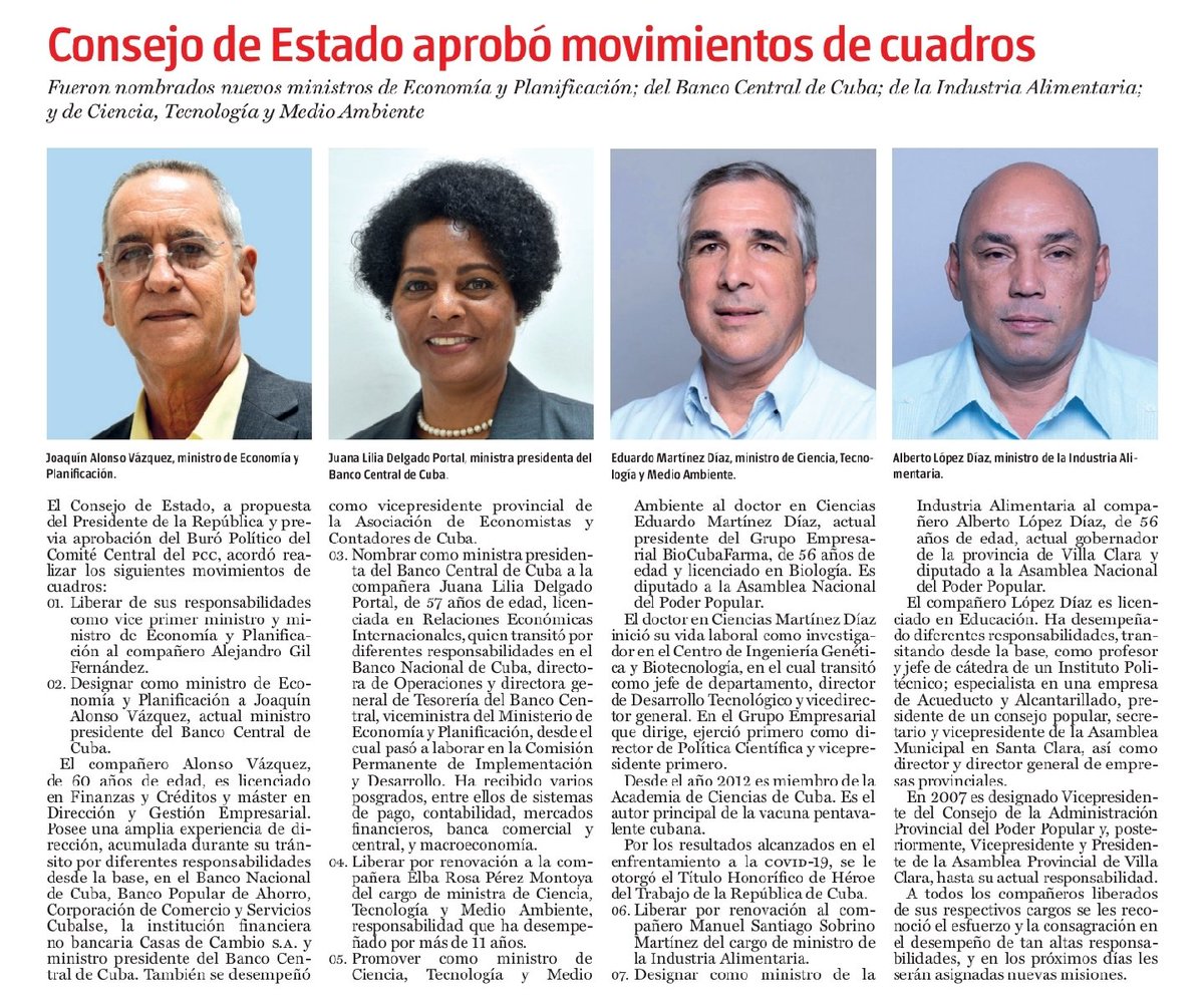 Nombrados nuevos ministros de Economía y Planificación; del Banco Central de #Cuba; de la Industria Alimentaria; y de Ciencia, Tecnología y Medio Ambiente.