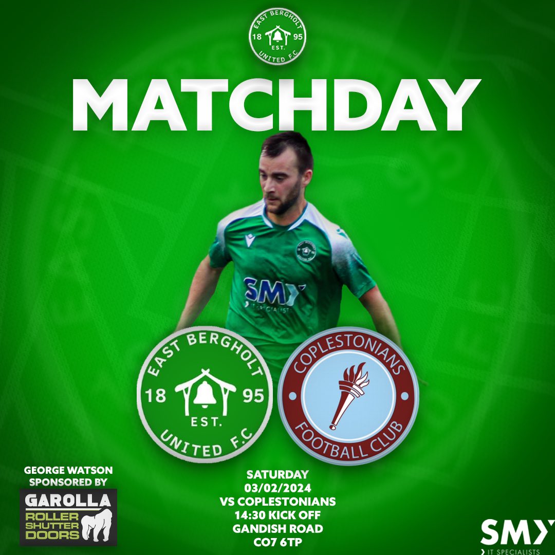 MATCHDAY First Team: Vs @Cops_FC 14:30 Kick Off 📍Gandish Road, East Bergholt, CO7 6TP @GeorgeeWatty Sponsored By @GarollaUK #GreenArmy Sponsored By @smyitservices