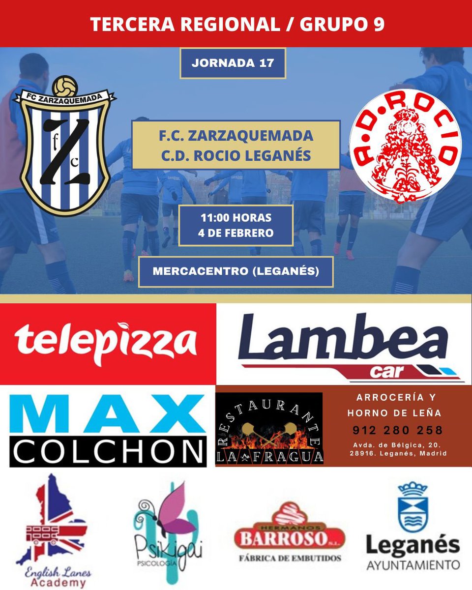 FcZarzaquemada's tweet photo. 𝗝𝗢𝗥𝗡𝗔𝗗𝗔 𝟭𝟳

🆚 C.D. Rocío Leganés
🏟️ Mercacentro (Leganés)
🗓️ 4 de febrero
⏰ 11:00 horas

#123Zarza https://t.co/4ixmujwKz4