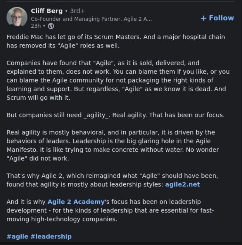 Shittu_Toby's tweet image. Hello Tech Guys.
What can you say about this demeaning stand point of @cliffberge about “Agile” system of product development?
#CONNECT #developers #Javascripts #earthquake #AFCON2024 #Angola