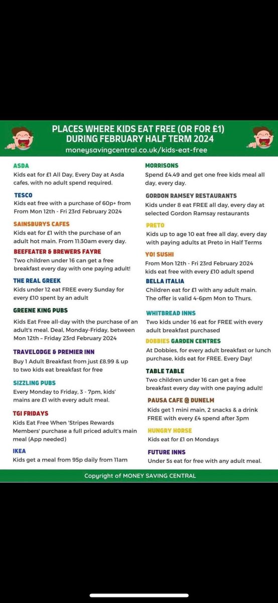 Scottish Poverty & Inequality Research Unit (@gcu_spiru) on Twitter photo Places where kids eat free or for £1 during February half-term. Courtesy of <a href="/MoneySavingCen/">Money Saving Central</a>. Check them out for more deals that can help the family. Places where kids eat free or for £1 during February half-term. Courtesy of <a href="/MoneySavingCen/">Money Saving Central</a>. Check them out for more deals that can help the family.