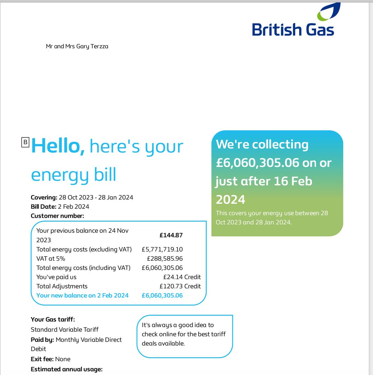 I know gas prices have risen recently, but this bill is a bit  on the steep side! 
#BritishGas #SixMillionPoundGasBill
