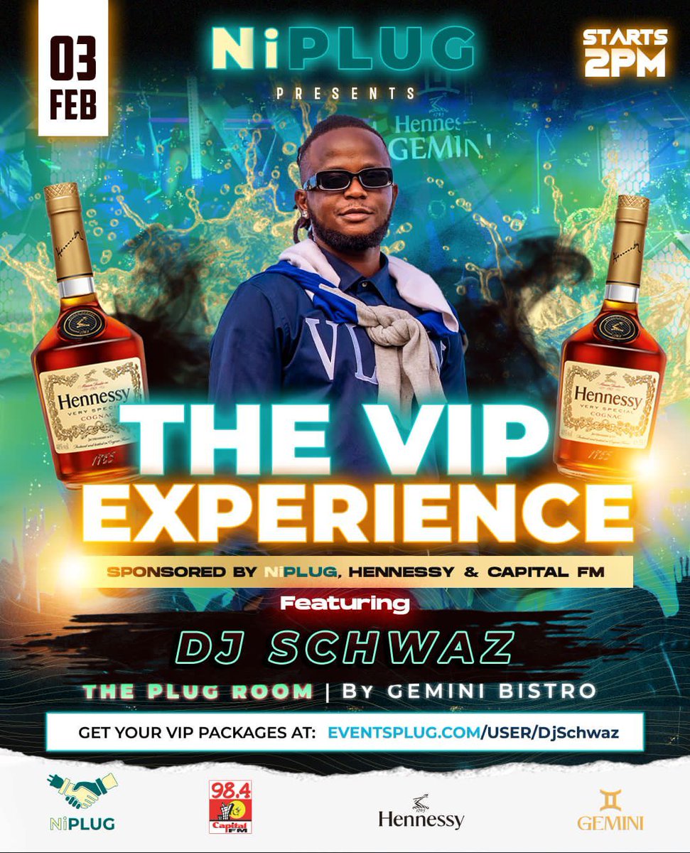 CapitalFMKenya's tweet photo. Come to The Plug Room, at Gemini Bistro Kilimani at Adlife Plaza, 1st Floor, for the VIP Experience tonight, our own #MixxMasterDJ @djschwaz will be playing!
Call 0722 494 514 or visit https://t.co/b1CoFtdjEq to secure your VIP experience now 🎫
#NiPlug #HennessyKE #NiPlugVipExperience