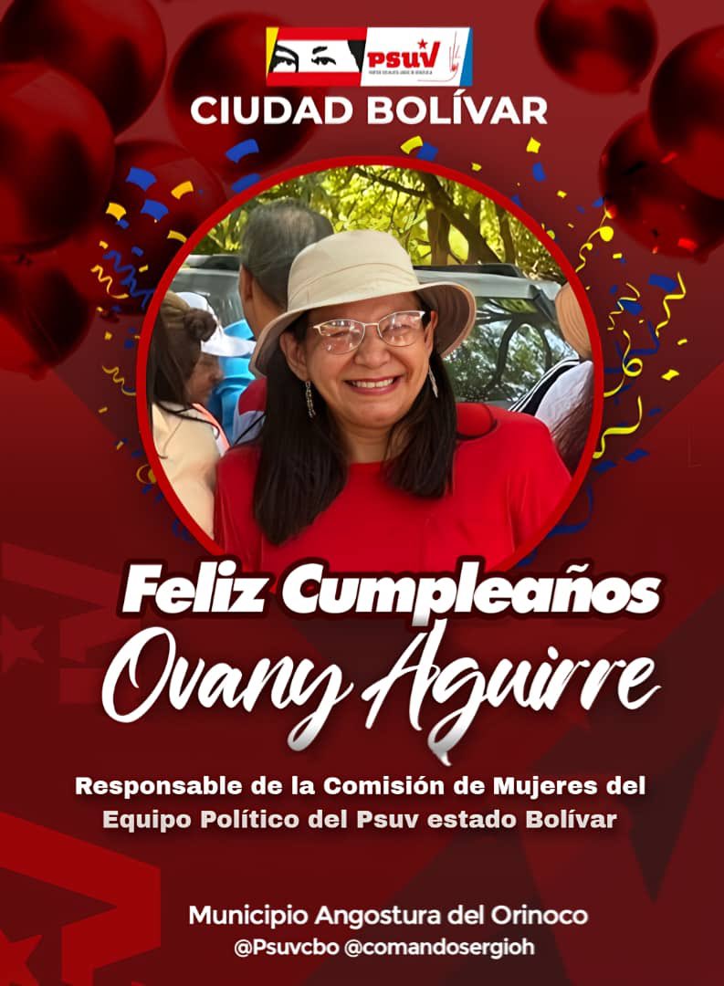Desde Ciudad Bolívar, queremos felicitar a nuestra economista y amiga <a href="/ovanyaguirre/">Ovany Aguirre</a> por su cumpleaños, mujer luchadora, aguerrida y perseverante, quien siempre tiene esa mano amiga para ayudar al prójimo #25AñosJuntoAlPueblo  <a href="/NicolasMaduro/">Nicolás Maduro</a>