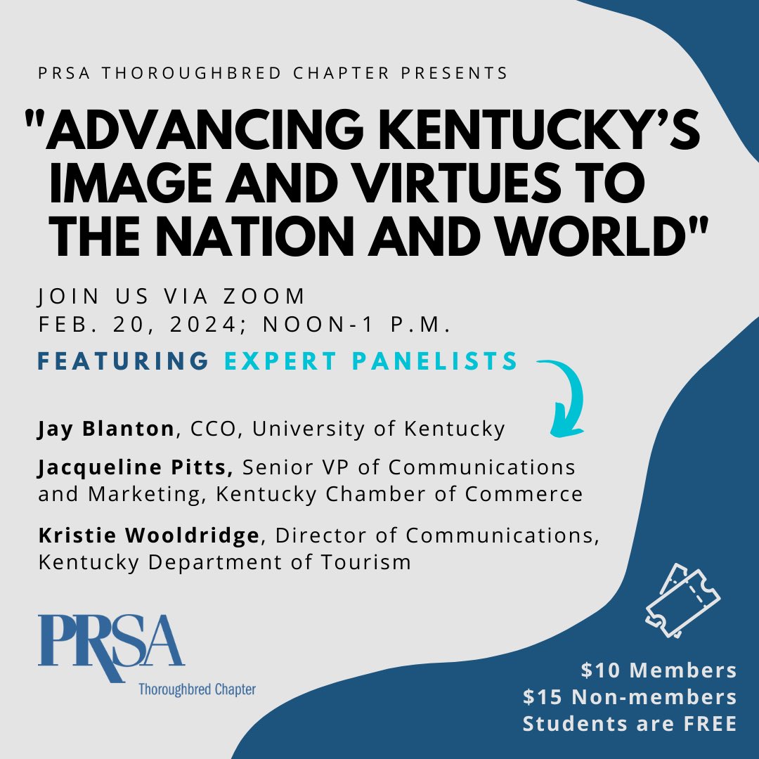 VIRTUAL EVENT: Join us Feb. 20 at noon when the PRSA Thoroughbred Chapter hosts an all-star panel from the University of Kentucky, the Kentucky Chamber of Commerce and the Kentucky Department of Tourism. 

REGISTER NOW 👉 kyprsa.org/event/advancin…