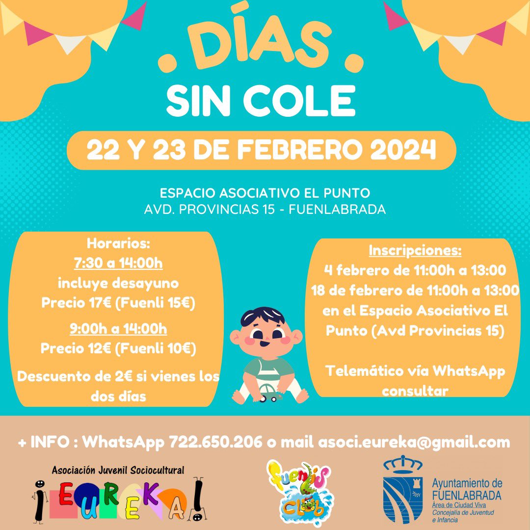 AsociEUREKA's tweet photo. 👧🏻 Días sin cole 👦🏽
Los próximos 22 y 23 de febrero son días no lectivos en la Comunidad de Madrid.
⚽️ L@s peques de la casa esos días podrán jugar con otr@s niñ@s en el Espacio Asociativo El Punto (Avd Provincias 15)
➕ℹ️ en el WhatsApp 722.650.206. https://t.co/x4r80RobVX