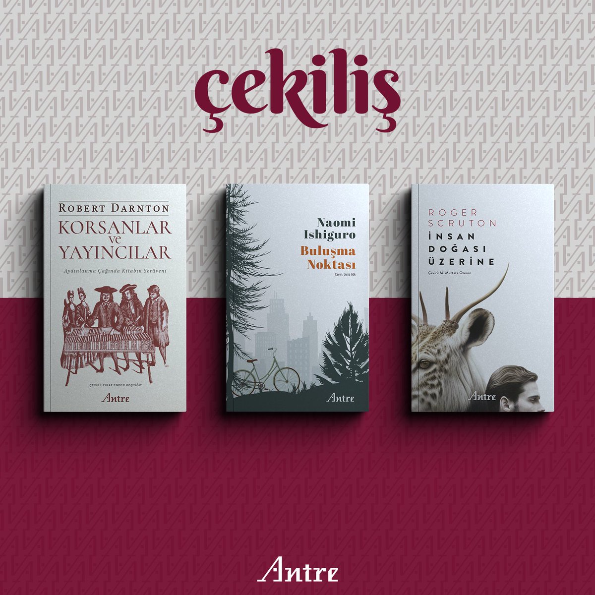 Çekiliş 🎁 Son çıkan 3 kitabımızı bir takipçimize hediye ediyoruz. Yapmanız gerekenler; ➡️bizi takip et ➡️bu tweeti RT et ve beğen ➡️yoruma arkadaşlarını etiketle ⚠️Son gün 10 Şubat 2024 Cumartesi Şansını artırmak istersen bir çekiliş de Instagram hesabımızda😉 #antrekitap