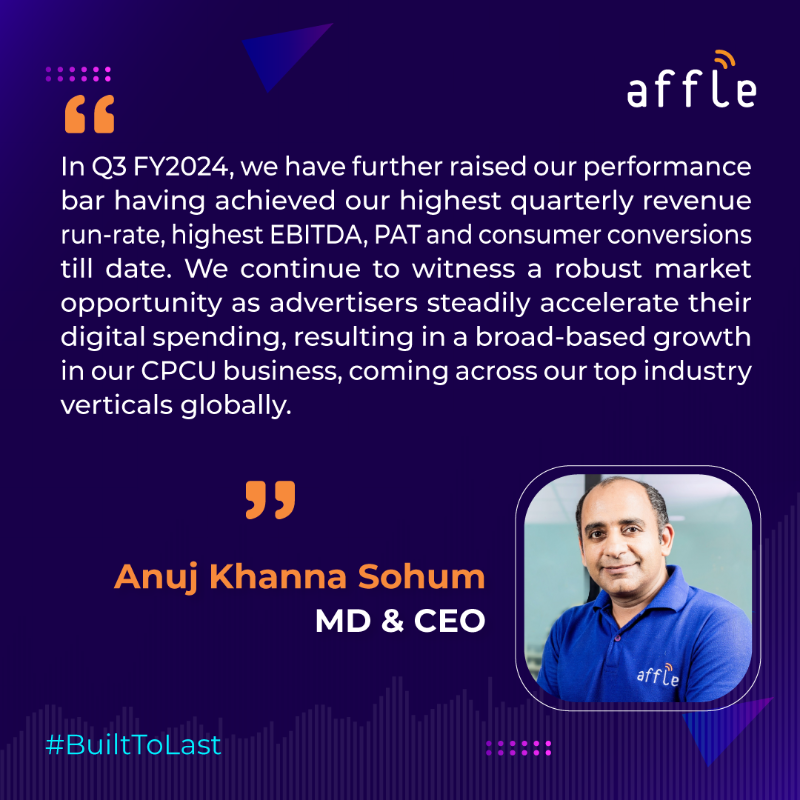 affle's tweet photo. We're delighted to announce our Q3 FY2024 financial results. We continue to raise our performance bar having achieved the highest quarterly revenue run rate and profitability. Read More: https://t.co/c8gOoLNh2l

#AffleResults #BuiltToLast