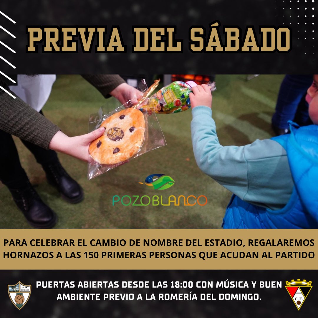 Gracias al <a href="/AytoPozoblanco/">Ayto. Pozoblanco</a> por los 150 hornazos que entregaremos a las 150 primeras personas que acudan al estadio. 

¡Nos vemos en la previa a las 18:00 con música y buen ambiente!